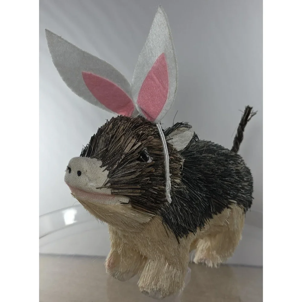 Easter Brown White Wood Bristle Pig with Rabbit Bunny‎ Ears 5 x 7 x 3